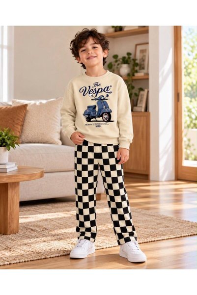 is kids wear Erkek Çocuk Vespa Baskılı 3 İplik Şardonsuz Sweatshirt Ve Damalı...