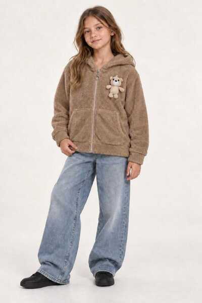 renkli diyar Girls' Plush Cardigan with Zipper and Hood