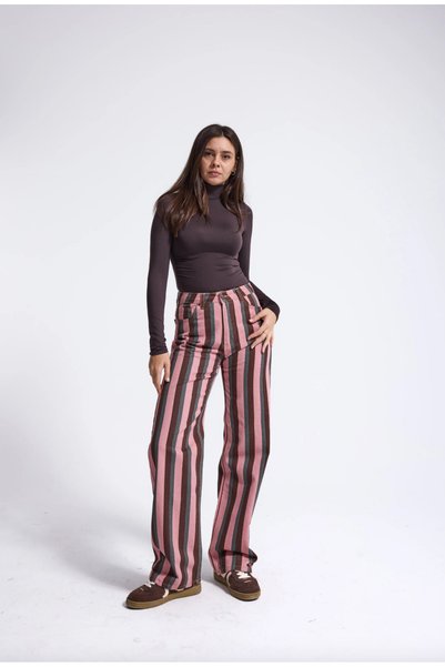 it's basic Pembe Kahve Dikey Çizgili Düz Paça Jean Retro %100 Pamuk