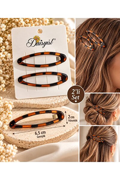 ZRN AKSESUAR Set of 2 Oval Patterned Hair Clips Brown Black – 6.5 cm Women's ...