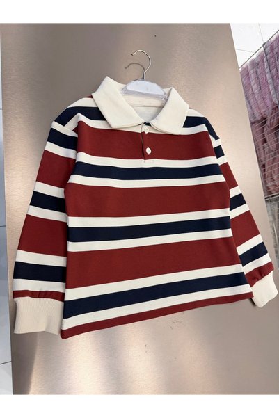 Magu Children's Cotton Burgundy Navy Blue Striped Polo Collar Sweatshirt