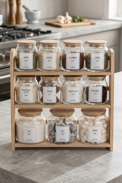 Dolkin Home 3-Tier Spice Rack Set Storage Container Organizer 11-Piece Glass Spice Jar Set with Bamboo Stand 300ml Bamboo Lid Tea Salt Sugar Jar Set