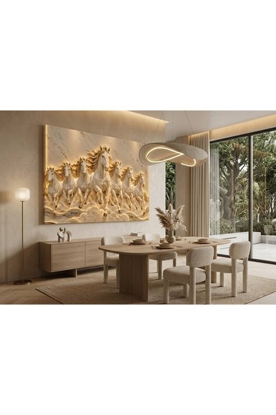zeyrada Premium Özel Tasarım Modern 3D Efektli Işıklı Koşan Atlar ve Mermer D...