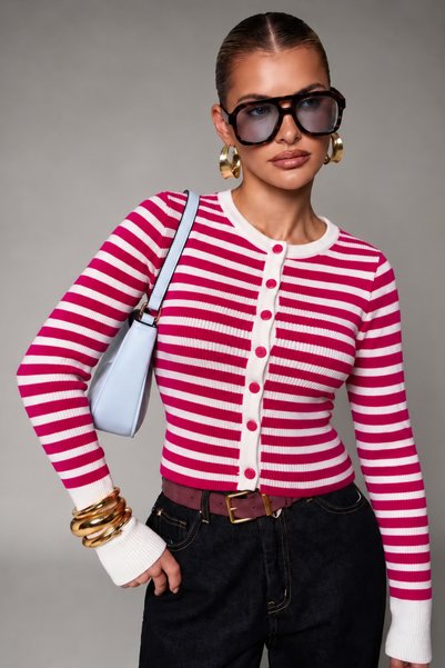 oshebu Cardigan cu dungi pentru femei, cu guler tip crewneck