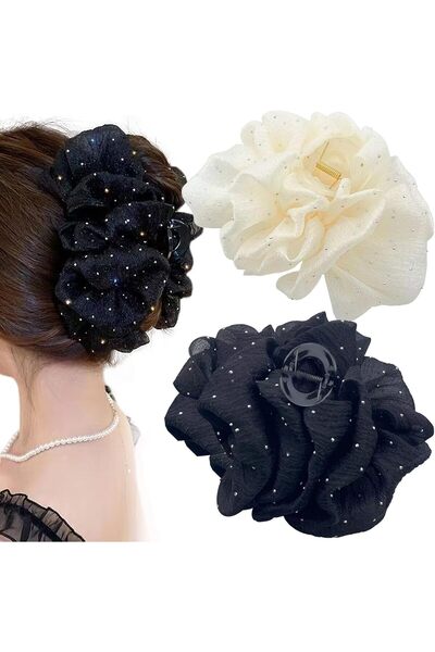 ASKIND 2 Pcs Chiffon Silk Hair Clip with Rhinestone, Large Hair Claw Clips Bo...