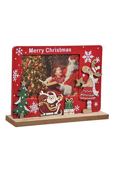OEM Ramă Foto de Crăciun din Lemn 19x13 cm cu Ren, Moș Crăciun și Cadou – Dec...