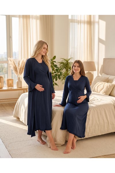 Yulem Homewear New Collection Navy Blue Ruffled Design Cotton Long Sleeve Mat...