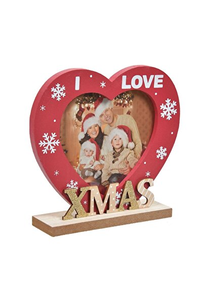 OEM Ramă Foto de Crăciun din Lemn 13x15 cm, Inimă Roșie „I Love Xmas” cu Glit...