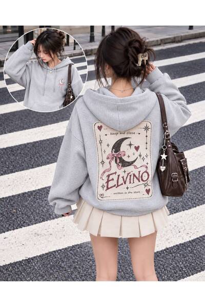 Elvino Special Design Moon Printed Hooded Sweatshirt for Women