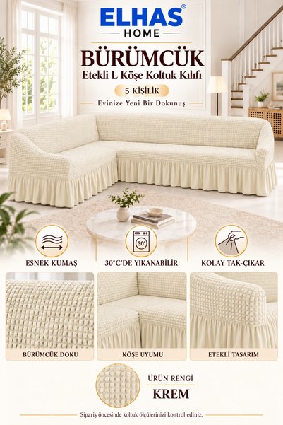 ELHAS Husa pentru canapea de colt L, pentru 5 persoane, din stofa Bürümcük, c...
