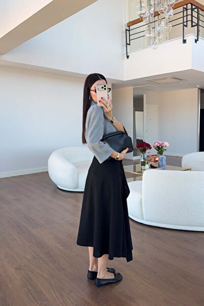 HAZELANNA Siyah Kemer Detaylı Pileli Etek