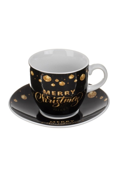 OEM Set Ceasca de Portelan Negru cu Globuri Aurii "Merry Christmas" și Farfur...