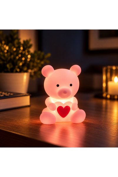 Coverzone Kalpli Ayıcık LED Gece Lambası Pilli Çocuk Odası Dekoratif Masaüstü...