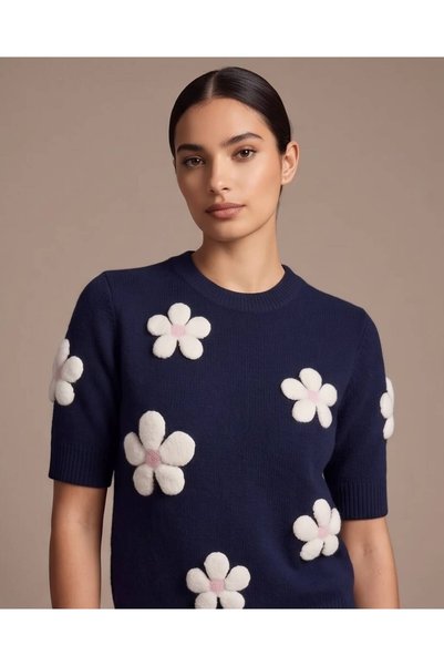 Trend Kapında Pulover tricotat cu mânecă scurtă, cu aplicații florale, pentru...