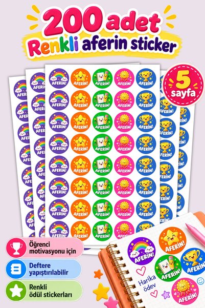 Öğretmen Motivasyon Sticker Seti, 200 Adet, Öğrenci Motivasyon Etiketi, Öğretmenler İçin Okul Etiketi, Başarı Yıldız Aferin Sticker Konsept Seti, İlkokul Ödev Ödül Çıkartmaları Karne Okul Öncesi