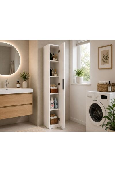 DEMİR DİZAYN Çok Amaçlı İnce Boy Dolabı BEYAZ Kapaklı Raflı Dolap 160X30