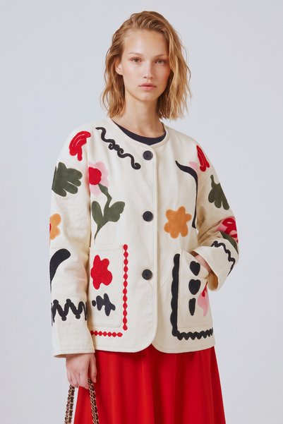 QUREKLİ Women's Cream Floral Embroidered Oversize Jacket with Buttoned Pockets