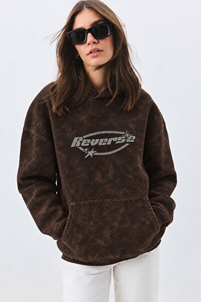 HAI COLLECTİON Burgundy Oversize Hooded Sweatshirt Cotton Printed Unisex