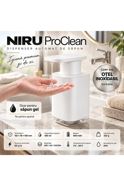 Niru Dozator automat săpun lichid ProClean™, senzor fără atingere, 450 ml, USB-C, IPX5, Alb