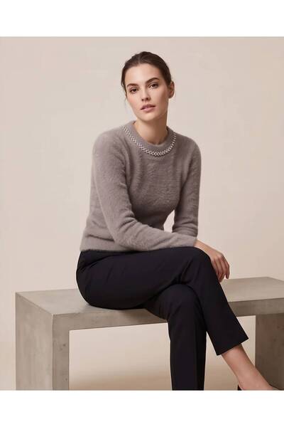 Trend Kapında Women's Stylish Knit Sweater with Stone Embellishments on the Collar and Soft Texture