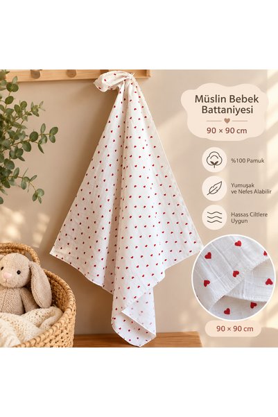Genel Markalar Müslin Örtü Bebek Battaniyesi 90x90cm 100% Pamuk - Kırmızı Kal...