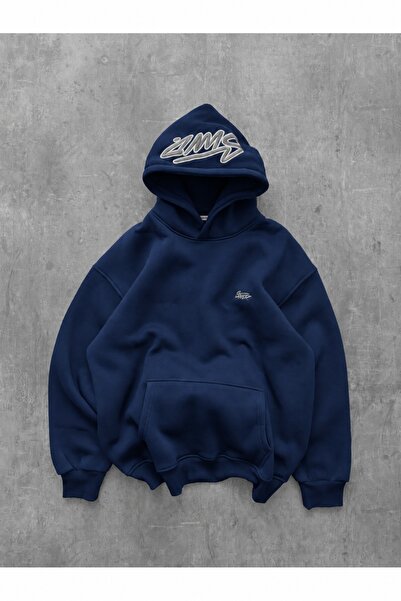 HAI COLLECTİON Navy Blue Oversize Hooded Sweatshirt Cotton Printed Unisex