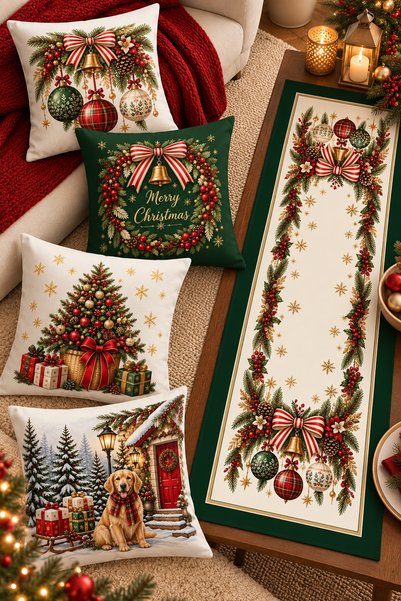 Bertille Home Christmas Series 4-Piece Throw Pillow Cover + 1 Runner Set Digi...