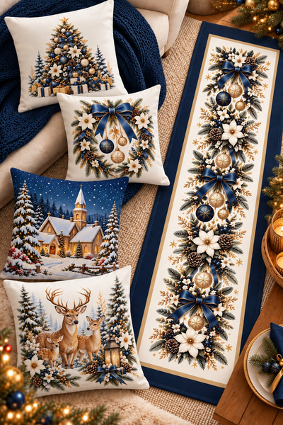 Bertille Home Christmas Series 4-Piece Throw Pillow Cover + 1 Runner Set Digi...
