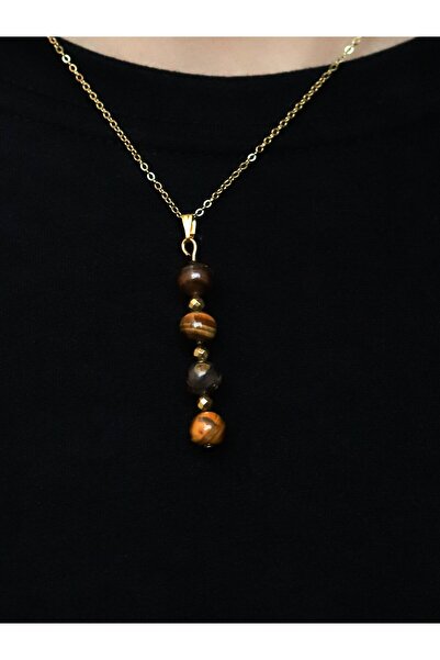 Esha Store Natural Stone Tiger's Eye Natural Stone Women's 4 Stone Steel Chain Courage Necklace Euk56Kg