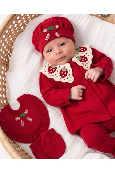 Tuğra Bebe 100% Cotton Baby Girl Hospital Discharge Set with Strawberry Motif and Lace Collar, 5 Pieces