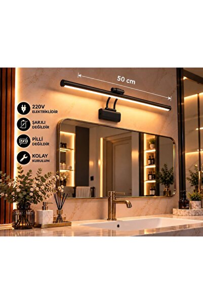 FKLIGHT 50 CM Tablo/Ayna/Banyo Ledli Elektrikli Flüt Aplik 3000K Günışığı Siy...