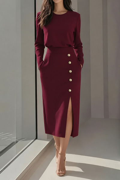 MODA ŞEHRİ Women's Long Sleeve Crew Neck Side Slit Buttoned Midi Slim Fit Imported Crepe Dress
