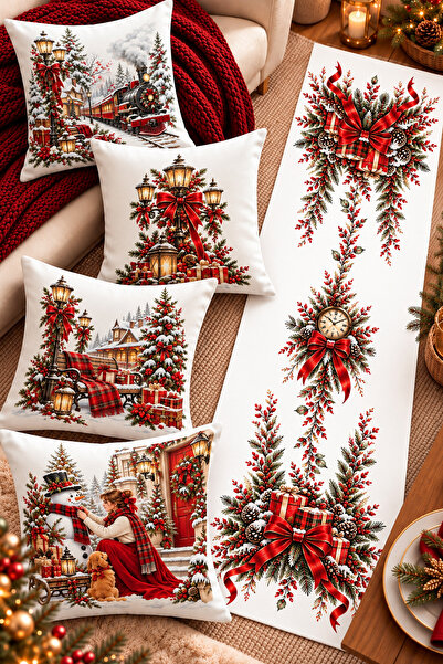 Bertille Home Christmas Series 4-Piece Throw Pillow Cover + 1 Runner Set Digi...