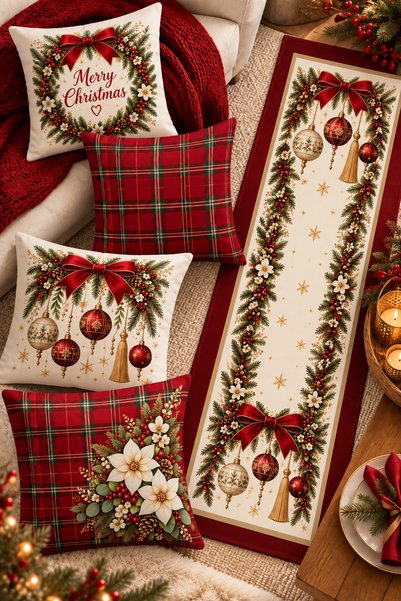 Bertille Home Christmas Series 4-Piece Throw Pillow Cover + 1 Runner Set Digi...