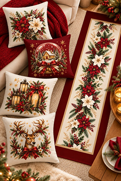 Bertille Home Christmas Series 4-Piece Throw Pillow Cover + 1 Runner Set Digi...