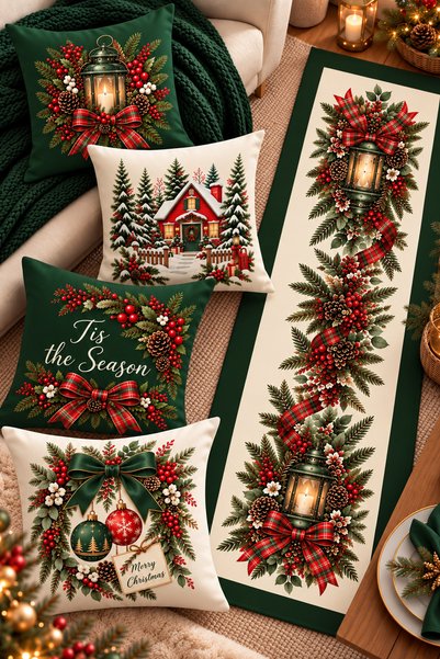 Bertille Home Christmas Series 4-Piece Throw Pillow Cover + 1 Runner Set Digi...
