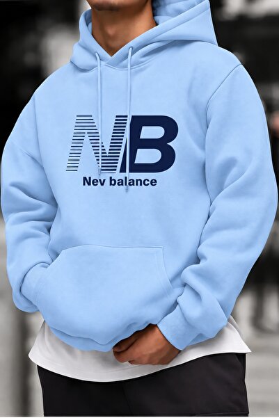 HAI COLLECTİON Unisex Oversize Hooded Sweatshirt Blue Printed 100% Cotton