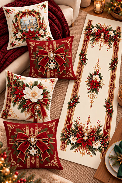 Bertille Home Christmas Series 4-Piece Throw Pillow Cover + 1 Runner Set Digi...