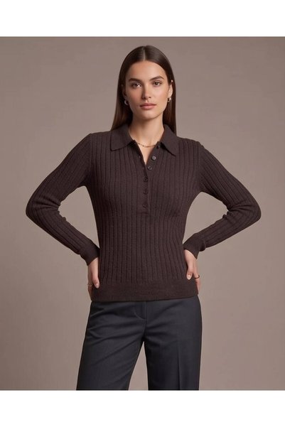 Trend Kapında Pulover tricotat cu model, cu guler polo și nasturi, pentru femei