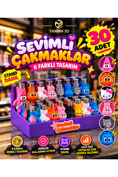 YAMAN3D 30 Adet Sevimli Figürlü Çakmak kabı Seti 6 Farklı Tasarım Stand Dahil Kasa Önü Satış Seti