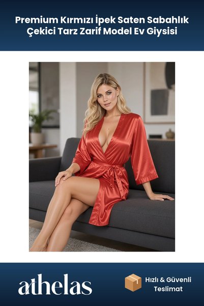 Athelas Premium Kırmızı İpek Saten Sabahlık Çekici Tarz Zarif Model Ev Giysisi