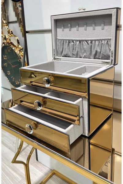 JOSEON DECOR Çekmeceli kristal camlı dekoratif takı kozmetik kutusu