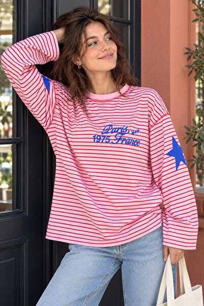 Miss Allos Women's Pink Striped Oversize Long Sleeve T-Shirt with Crew Neck
