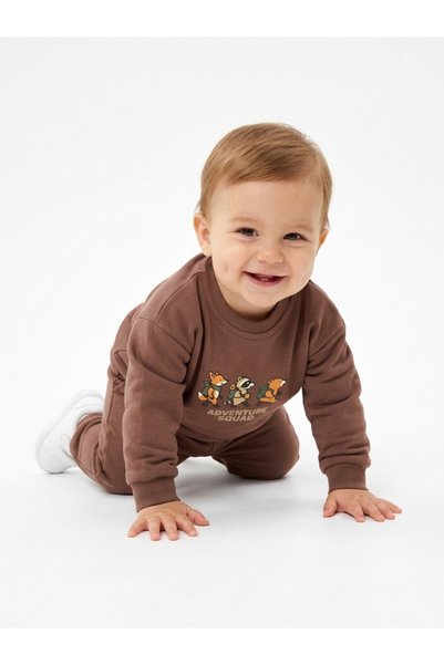 Kids Kingdom Pamuklu Sırt Figürlü Smile Detaylı Erkek Bebek 2li Takım Acı Kahve