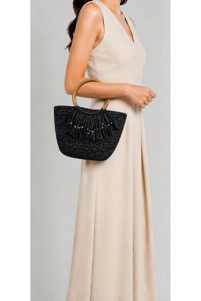 Trendauraa Hand Knitted Black Bag, Daily Shoulder Bag with Brown Handle