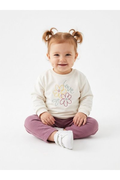 Kids Kingdom Pamuklu Çiçek Detaylı 2li Kız Bebek Takım mor krem