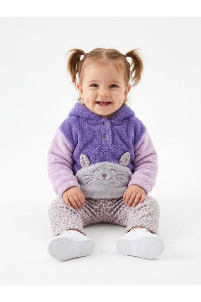 Kids Kingdom Pamuklu Kedi Detaylı Kapüşonlu Polar 2li Kız Bebek takım mor pempe