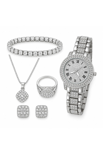 Nevara 6-Piece Women's Accessories Set (Watch, Bracelet, Necklace, Pair of Ea...