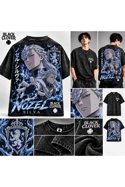 classy moda Black Clover Nozel Silva: Μαύρο oversized φανελάκι με τυπωμένο σχ...