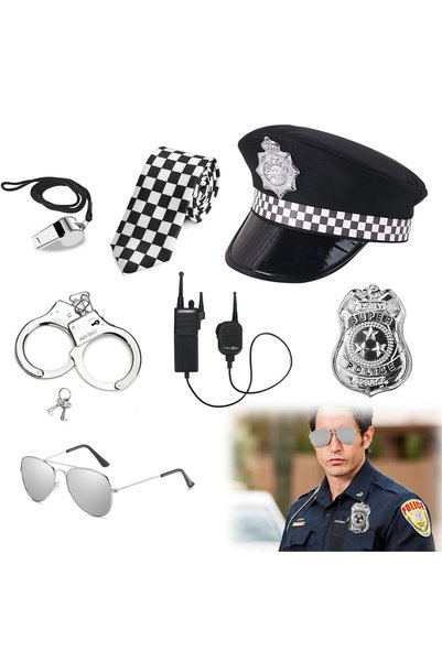 GGEROU 8Pcs Police Costume Accessory Set, Police Hat, Handcuffs, Badge, Walki...
